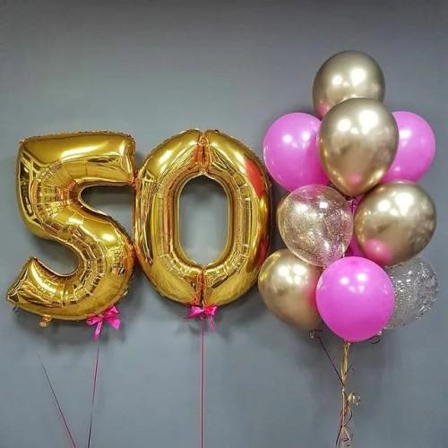 Букет Воздушные облака с розовыми и золотыми шариками на 50-летие женщине